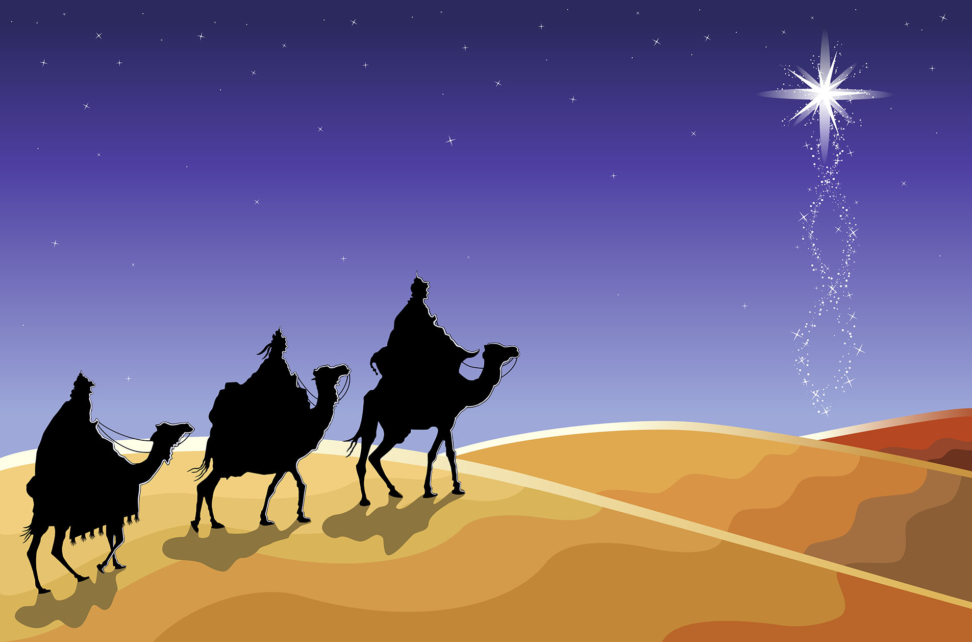 Christmas religious card with The Three Magi following the rising Star.