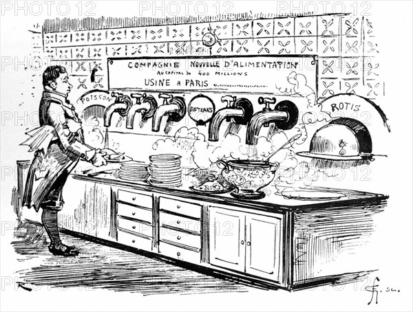 Arrival of the meal to a subscriber of the food company, illustration by Robida