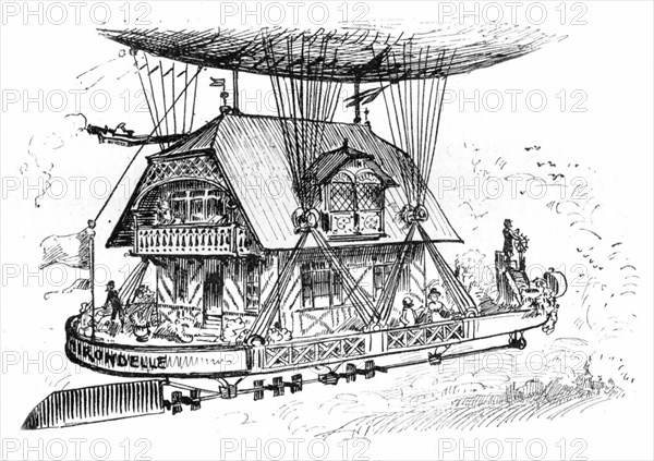 Air cabin above the ocean, illustration by Robida