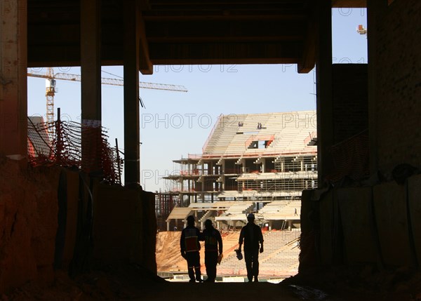 The east grandstand viewed through a tunnel at Soccer City, near Soweto in Johannesburg, South Africa