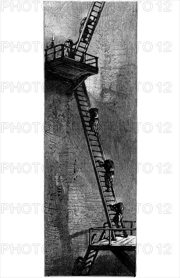 Women climbing ladders to carry coal up a mineshaft