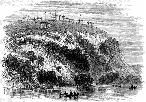 Engraving showing a Native North American burial ground