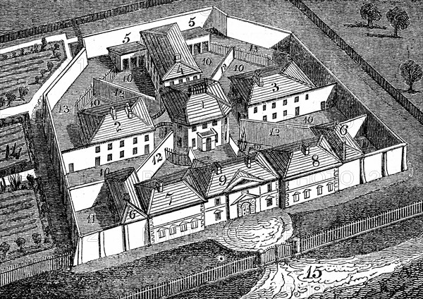 Woocut showing the Huntingdon County Gaol and House of Correction