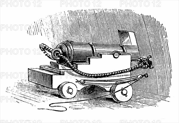 Engraving showing a ship cannon on gun carriage