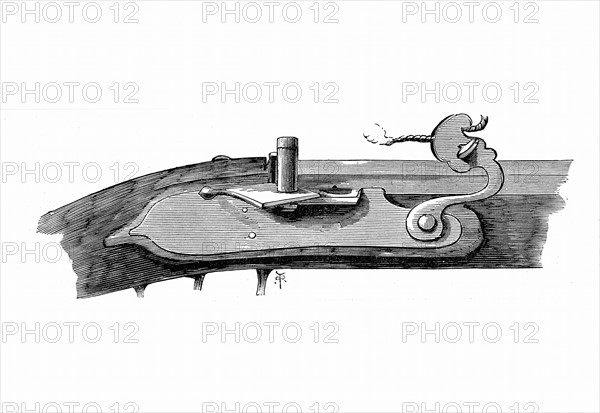 Engraving showing a matchlock mechanism in use on British firearms c1700