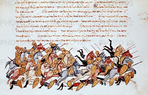 Byzantine cavalrymen overwhelming enemy cavalry