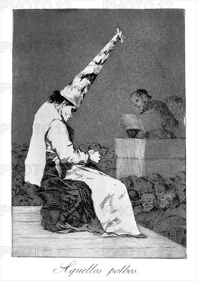 Those specks of dust, Perrico the cripple', 1799. Perrico caught giving love potions to lovers, plate 23 of 'Los caprichos'. By Francisco Jose de Lucientes y Goya