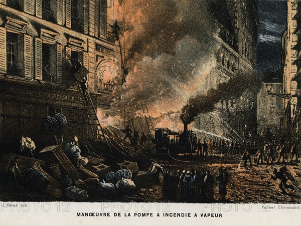 Fighting a Paris fire using a steam water pump, c1874.