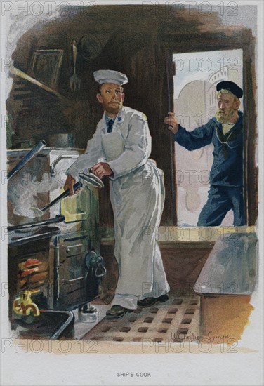 Ship's cook at work in his galley, c1890.