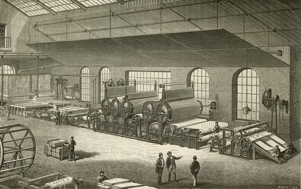 Bartram's method for continuous paper making from tank of pulp at left