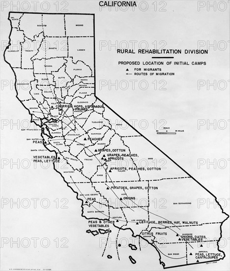 Map of California showing proposed rural rehabilitation camps