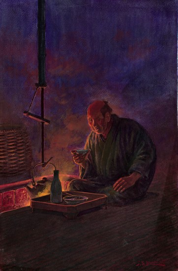 Man drinking sake before the hearth