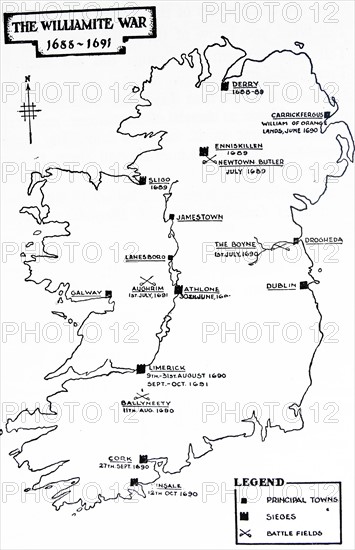 Map depicting the Williamite War in Ireland