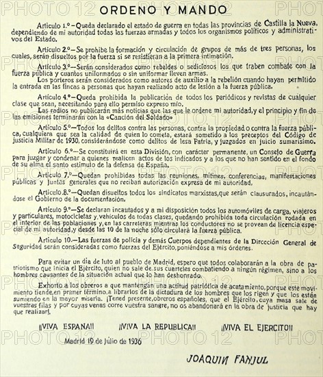 Spanish Civil War: orders issued 19th July 1936, by Joaquin Fanjul Goni