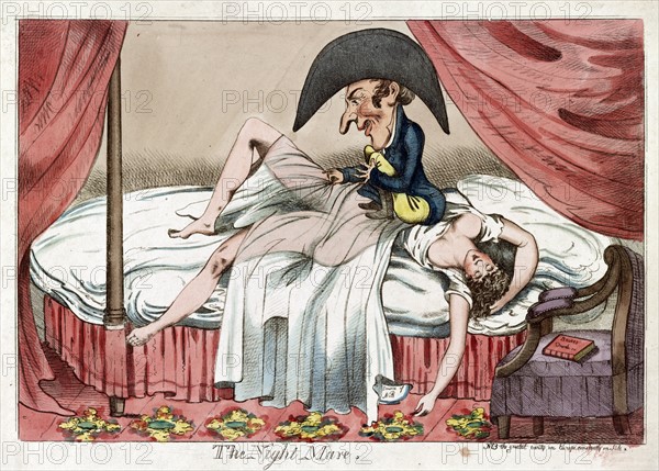 Cartoon shows a scantily clad woman asleep on a bed, a little man sitting on her chest pulling back her see-through covers, as one of her arms hangs to the floor