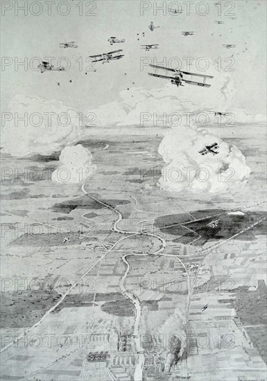 German aircraft battle wwith French planes on a bombing mission over a german military factory