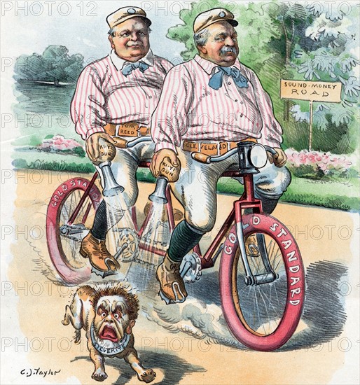 Grover Cleveland and Thomas Reed riding on a bicycle built for two