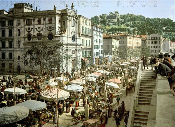 Colour photograph of the Market Place in Nice