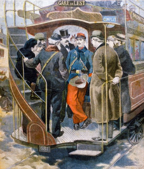 French illustration of a tram conductor in conversation with passengers, Paris 1896