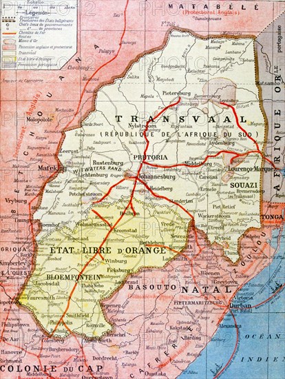 French map of the Transvaal at the outbreak of the Boer War in South Africa 1899