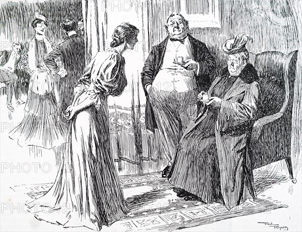 illustration showing an elderly couple talking to a young woman