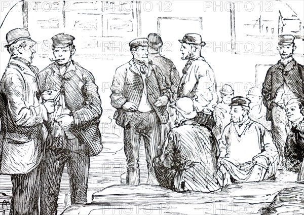 Navvies' camping in a waiting room