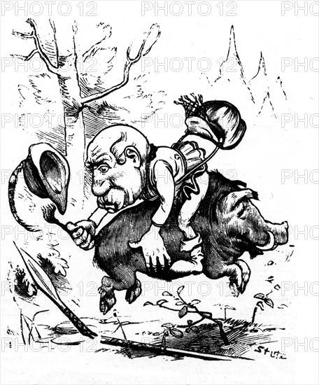 Caricature allemande, dans "Kladderadatsch", raillant la politique du 1er ministre italien Crispi. "L'italien en Afrique, Tu combats un sanglier, prends garde aux faux pas, Car chevaucher sur son dos, cela ne s'appelle pas être porté par la Victoire"