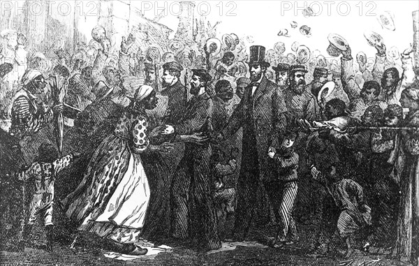 Abraham Lincoln acclamé par une foule d'esclaves libérés, 1865