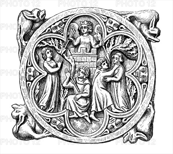 Representation of Frau Minne on an ivory-colored mirrored cube from the 13th to 14th centuries