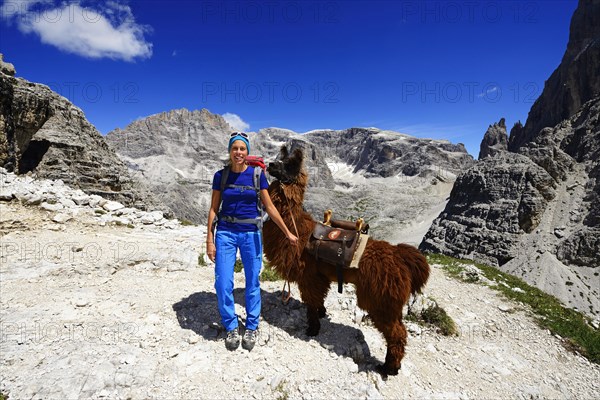 Female hiker with llama near the Zsigmondy or Comici hut