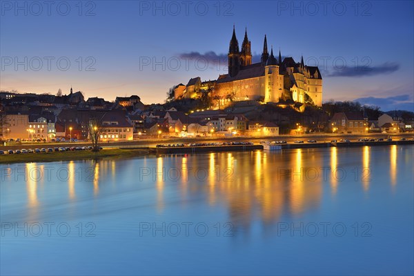 Burgberg with cathedral and castle Albrechtsburg reflected in the river Elbe