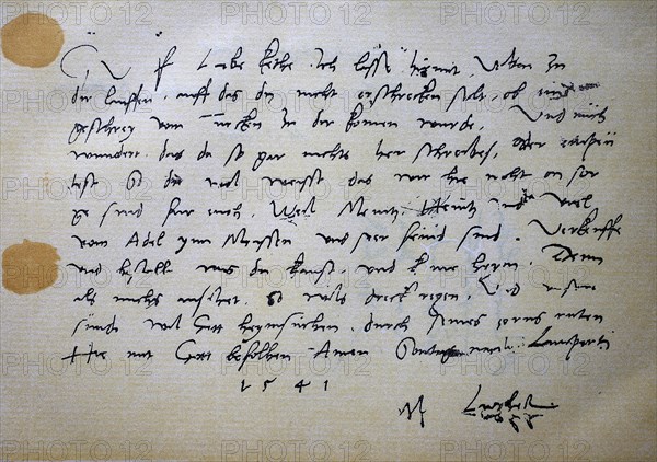 An autograph letter from Martin Luther to his housewife Katharina of September 18