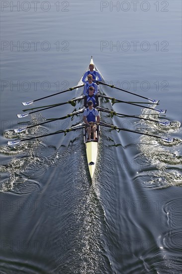 Rowers rowing in rowing boat