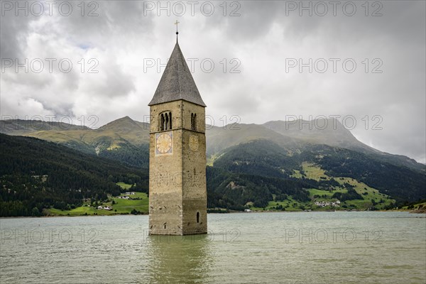 Church tower of Alt-Graun in the Reschensee reservoir