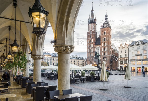 Cloth Hall and Saint Mary's Basilica on main Market Square in Krakow