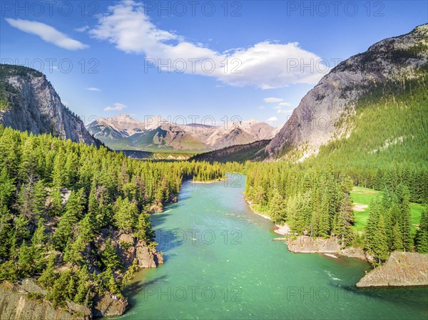 Aerial view of Bow river among canadian Rockies Mountains