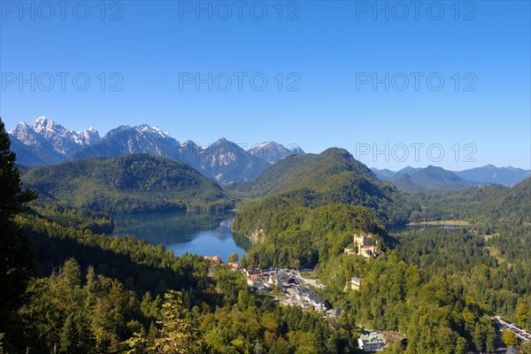 Hohenschwangau Castle with Alpsee and Tannheimer Mountains