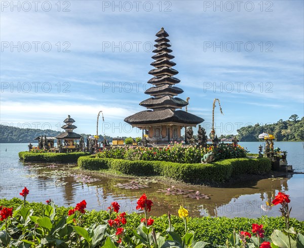 Pura Ulun Danu Bratan Buddhist water temple with flowers