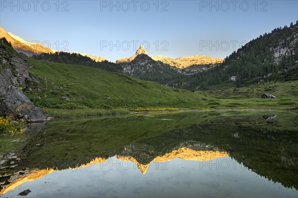 Schottmalhorn reflected in lake Funtensee at sunset