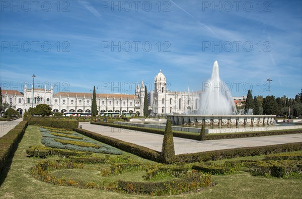 Fountain in the Jardim da Praca do Imperio with Mosteiro dos Jeronimos