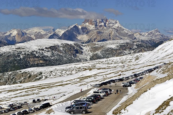 View from the Auronzo hut 2320 m over the toll road below the Three Peaks of Lavaredo to the Hohe Gaisl 3148 m in the Dolomiti di Braies