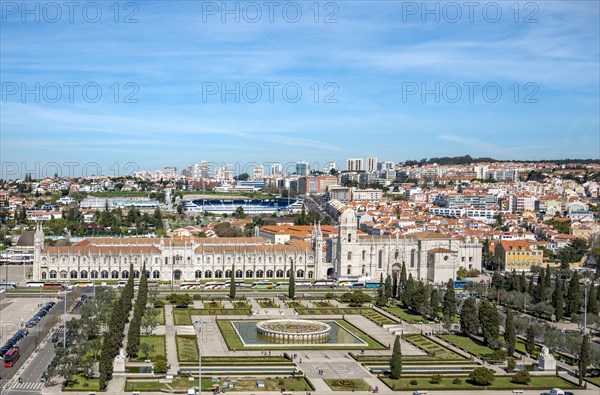 Jardim da Praca do Imperio with fountain and Mosteiro dos Jeronimos from above