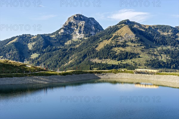 View from Sudelfeld to Wendelstein with reservoir lake Mangfall mountains