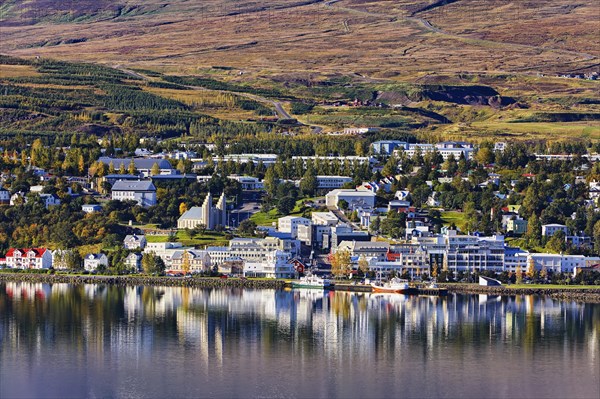 View from the east over the fjord Eyjafjorour to Akureyri