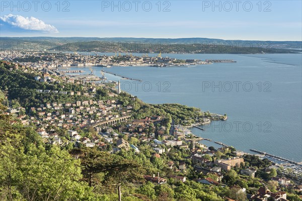 View from the panoramic path Strada Vicentina or Strada Napoleonica at the Karst plateau of the port and Gulf of Trieste