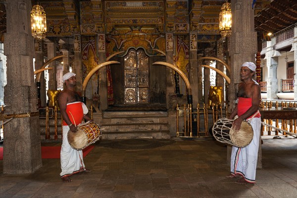 Drummers in front of the holy shrine in Sri Dalada Maligawa or Temple of the Sacred Tooth Relic