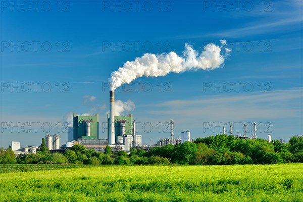 Steaming lignite-fired power plant in a green landscape