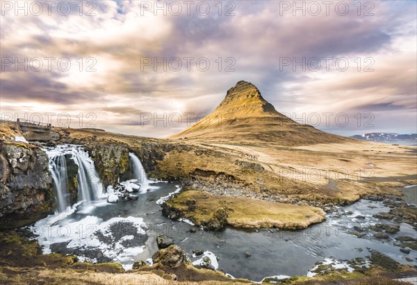 Mount Kirkjufell with Kirkjufellsfoss Waterfall