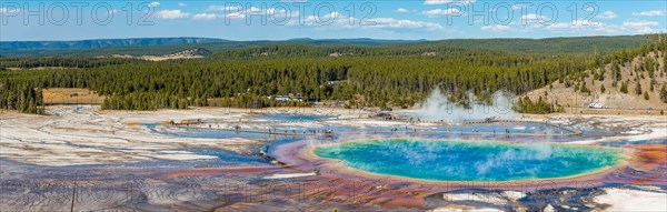 Visitors on footbridge over steaming hot spring with coloured mineral deposits