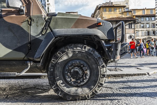 Camouflaged front end of military Jeep at Cathedral Square